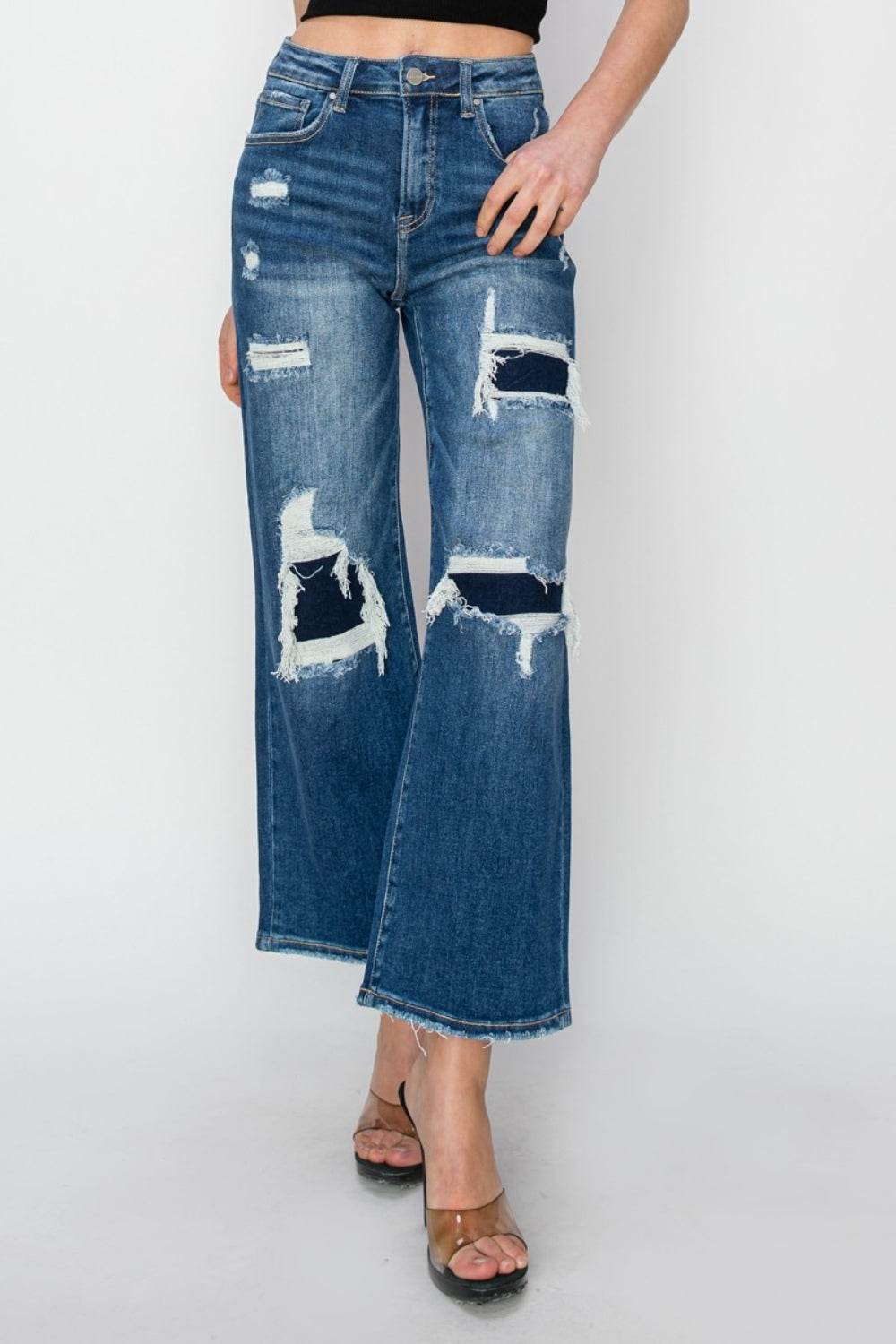 Risen Full Size High Rise Patch Detailed Wide Leg Crop Jeans - DaTrendStore.Com