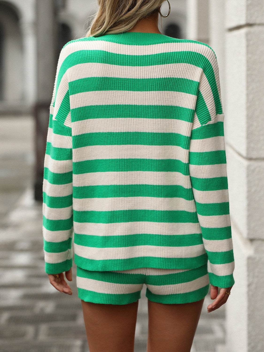Striped Round Neck Top and Shorts Sweater Set - DaTrendStore.Com