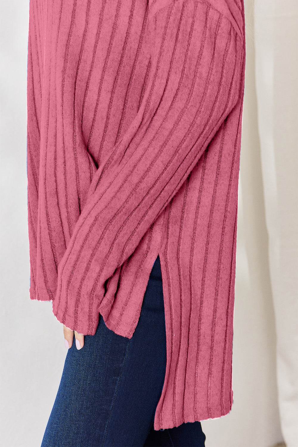 Basic Bae Full Size Ribbed Half Button Long Sleeve High-Low T-Shirt - DaTrendStore.Com