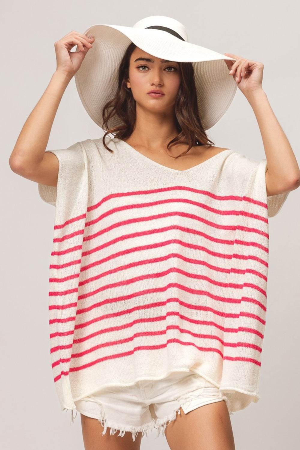 BiBi V Neck Striped Short Sleeve Top - DaTrendStore.Com