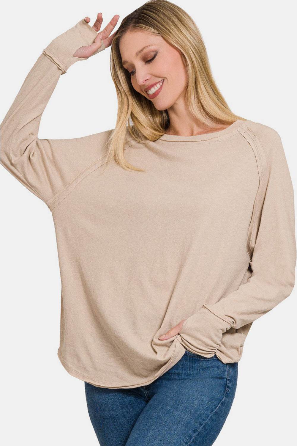Zenana Round Neck Thumbhole Long Sleeve Top - DaTrendStore.Com