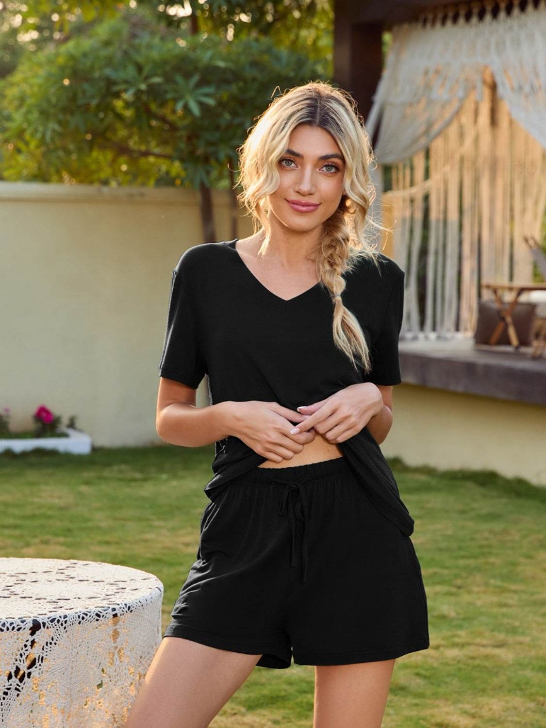 V-Neck Short Sleeve Top and Pocketed Shorts Lounge Set - DaTrendStore.Com