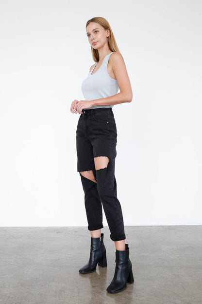 HIGH RISE DISTRESSED ANKLE JEANS