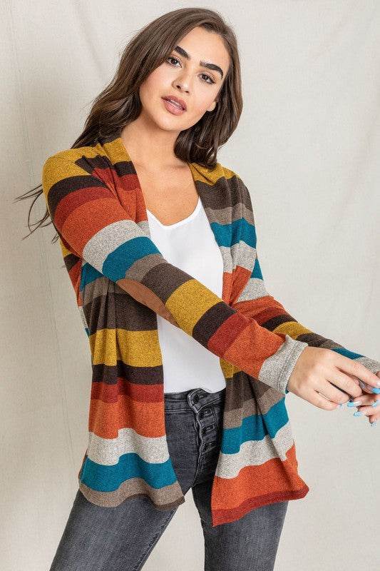 Stripe Elbow Patch Cardigan - DaTrendStore.Com