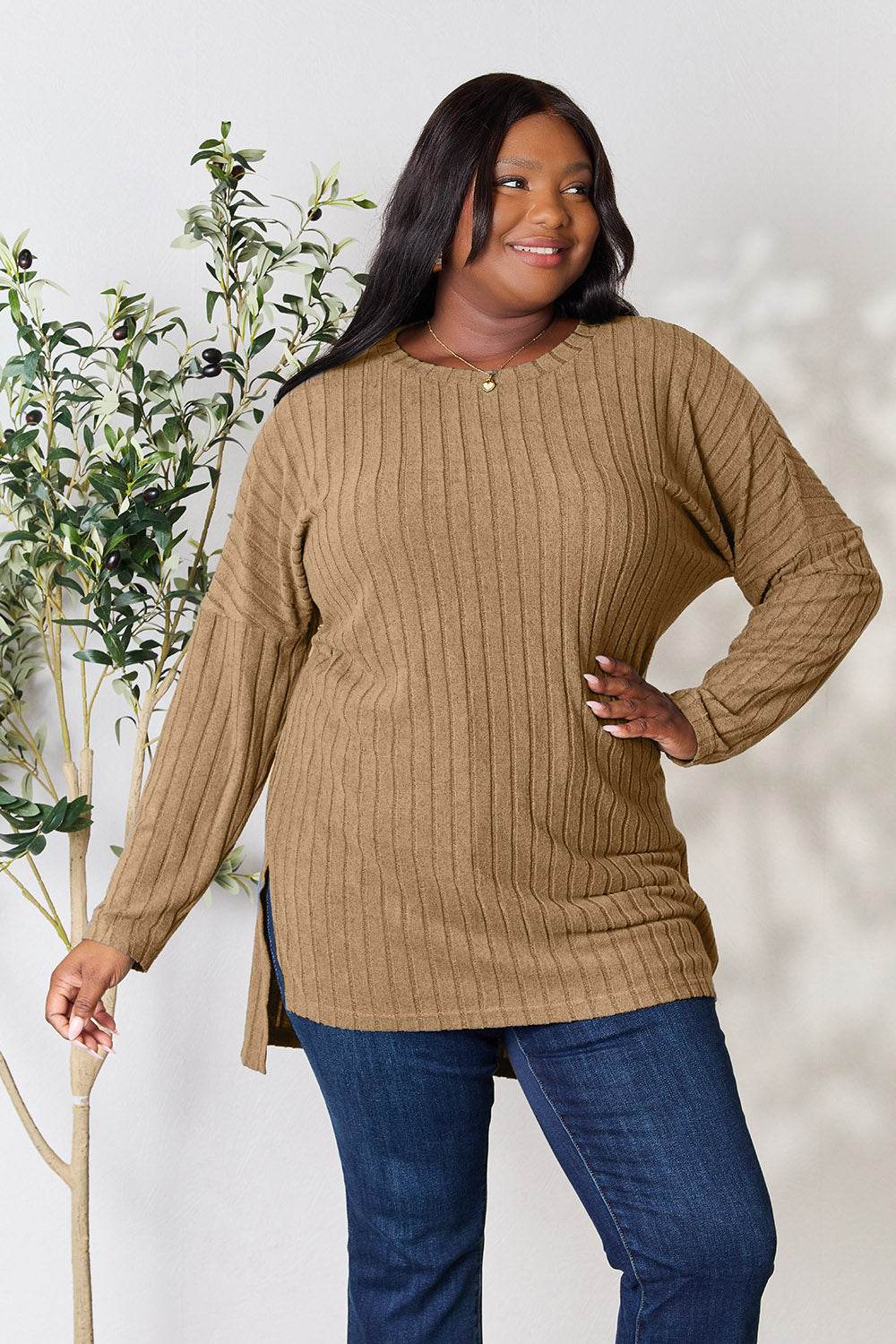 Basic Bae Full Size Ribbed Round Neck Long Sleeve Slit Top - DaTrendStore.Com