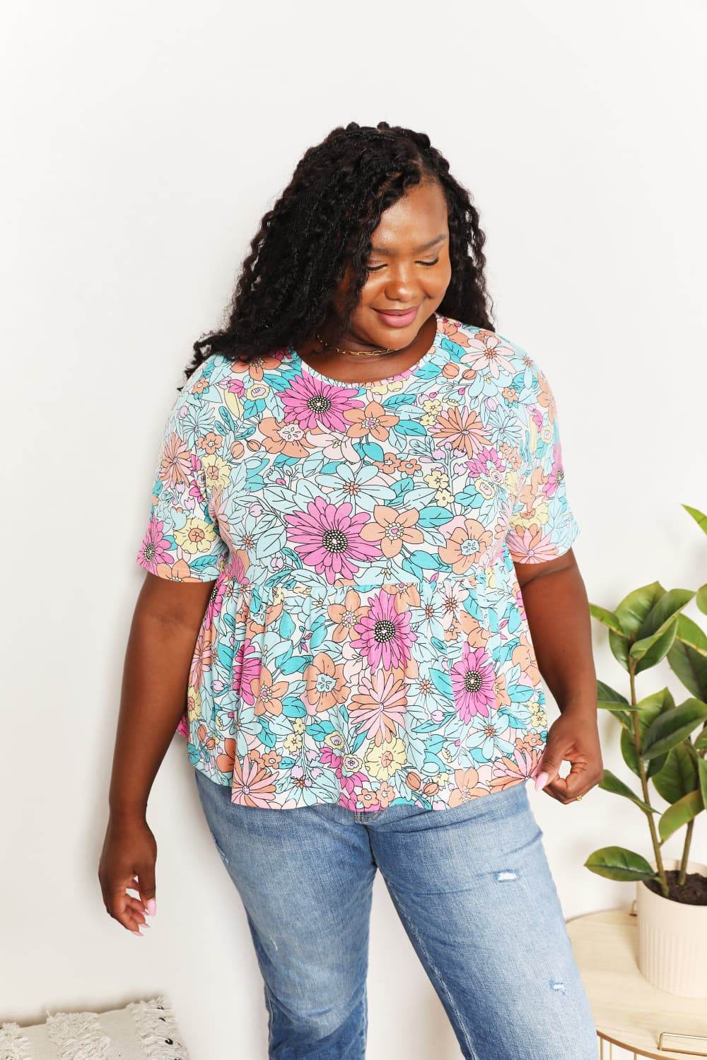 Double Take Floral Round Neck Babydoll Top - DaTrendStore.Com