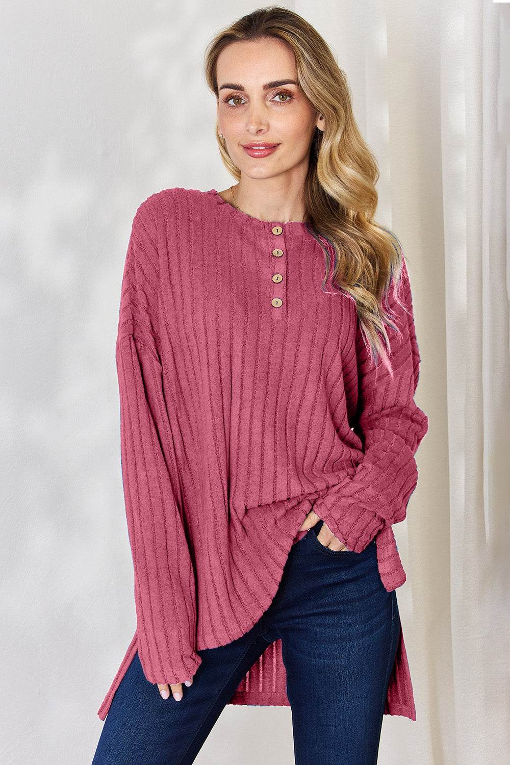 Basic Bae Full Size Ribbed Half Button Long Sleeve High-Low T-Shirt - DaTrendStore.Com