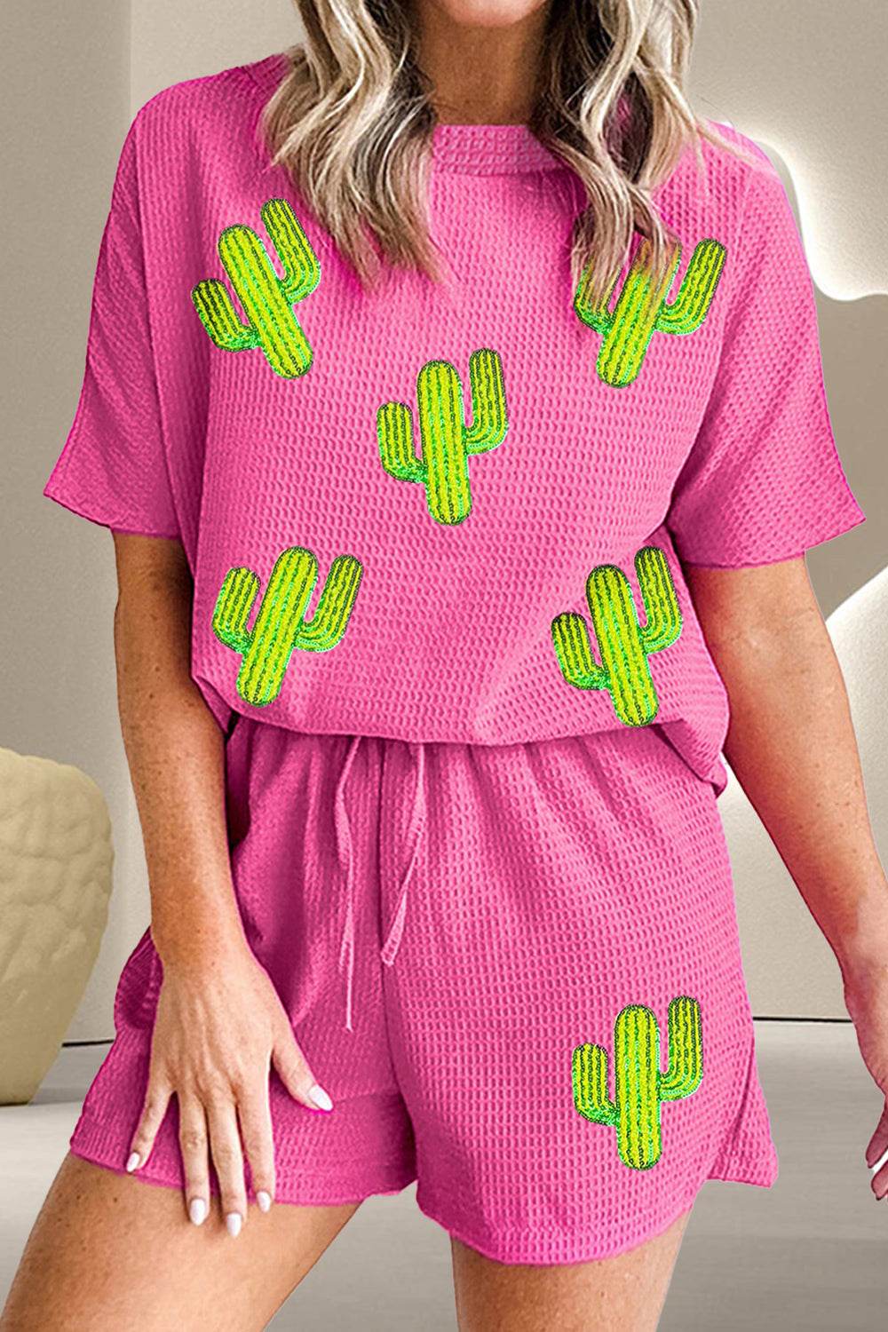 Waffle-Knit Round Neck Top and Shorts Set - DaTrendStore.Com