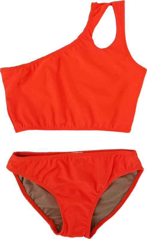 GIRL'S TWO PIECE ONE SHOULDER BATHING SUIT