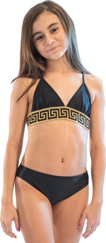 GIRL'S TWO PIECE GOLD TRIM BATHING SUIT