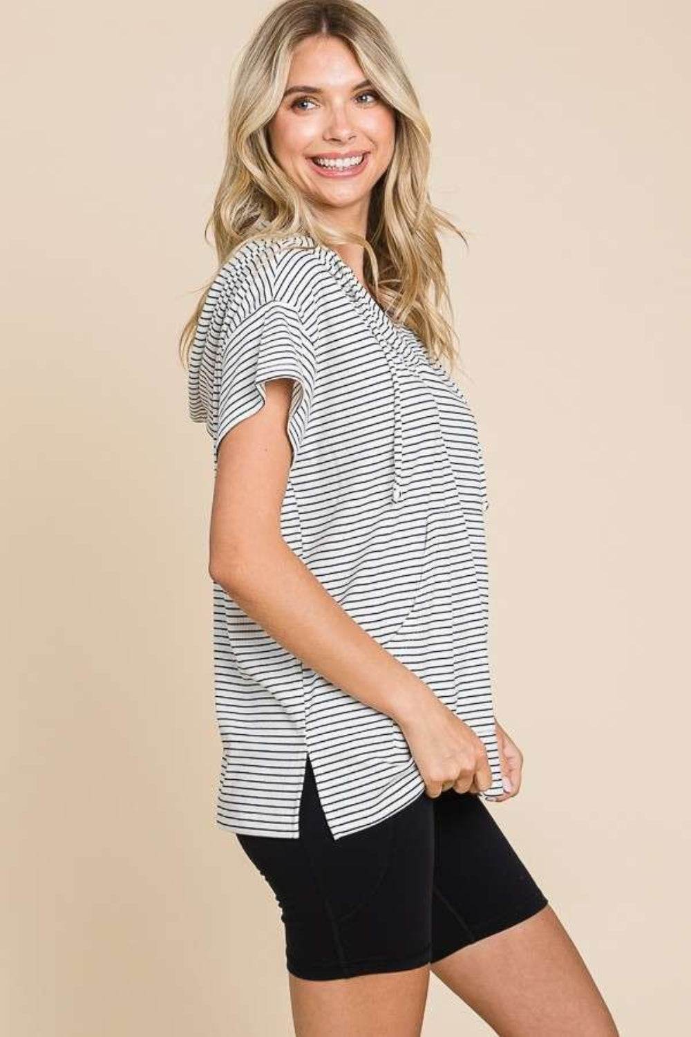 Culture Code Full Size Striped Short Sleeve Hooded Top - DaTrendStore.Com