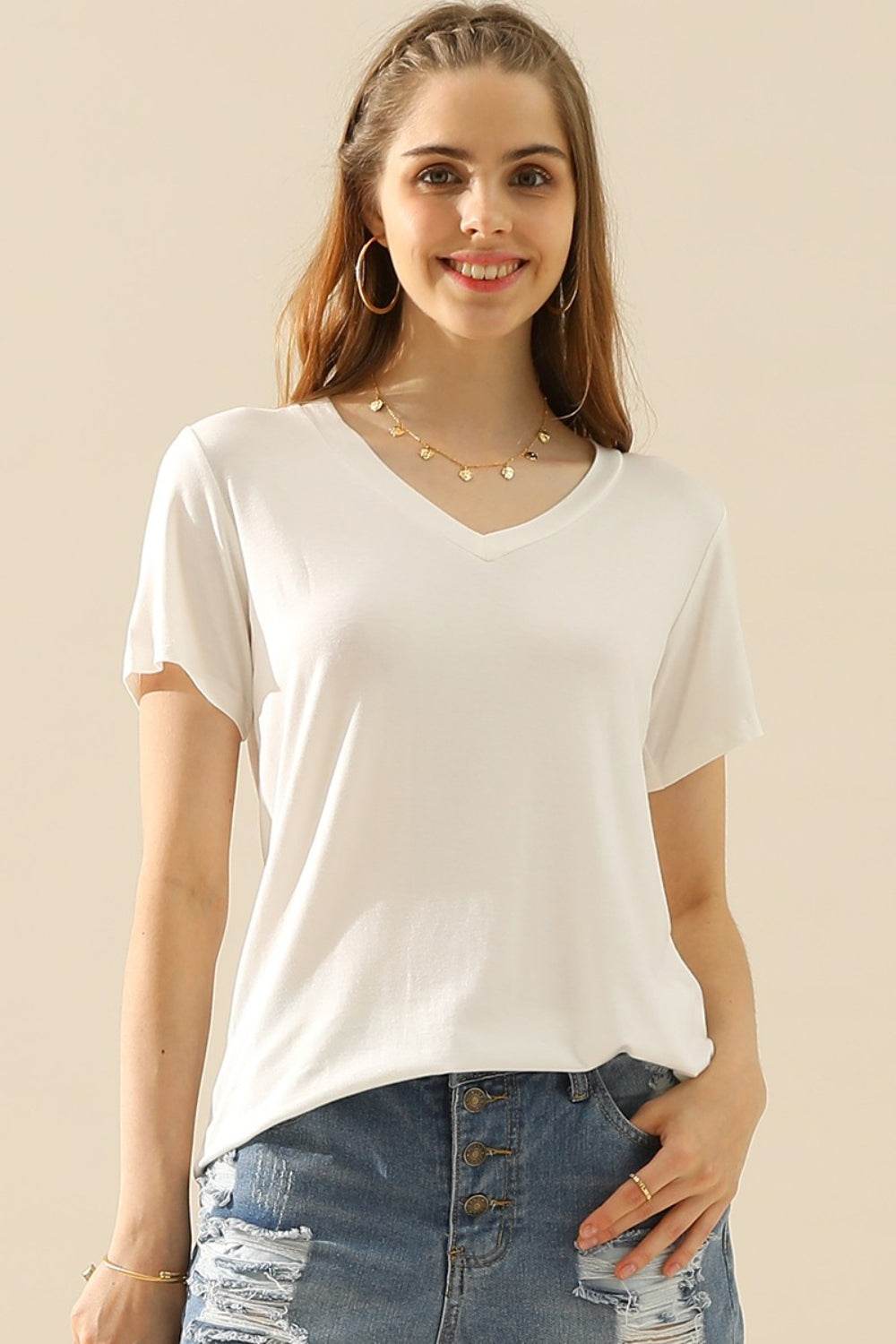 Ninexis Full Size V-Neck Short Sleeve T-Shirt - DaTrendStore.Com