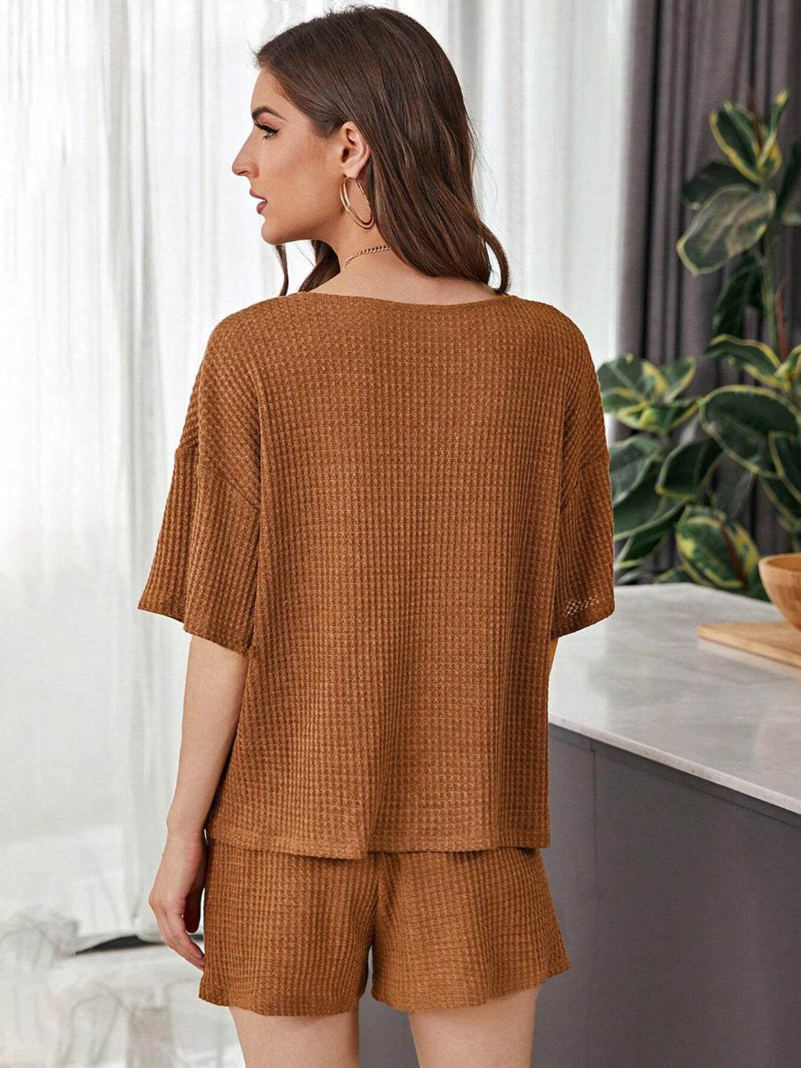 Full Size Waffle-Knit Dropped Shoulder Top and Shorts Set - DaTrendStore.Com