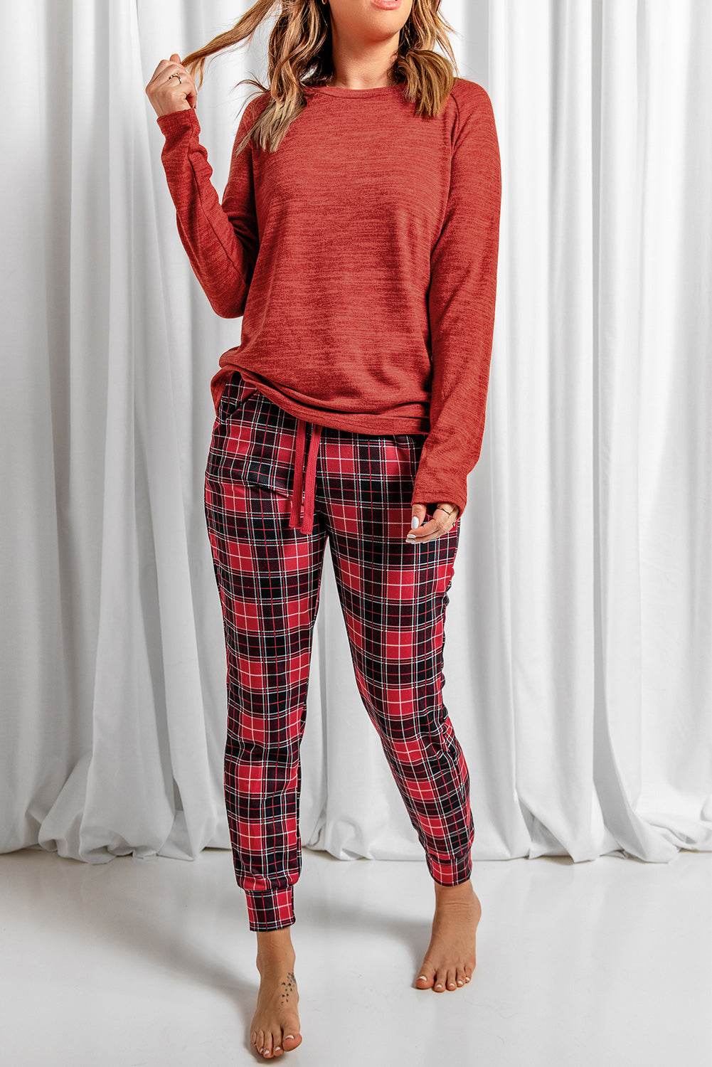 Round Neck Top and Drawstring Plaid Pants Lounge Set - DaTrendStore.Com