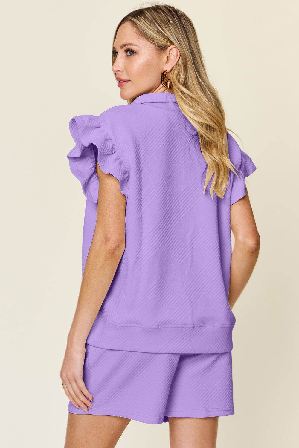 Double Take Full Size Texture Flounce Sleeve Top and Drawstring Shorts Set - DaTrendStore.Com