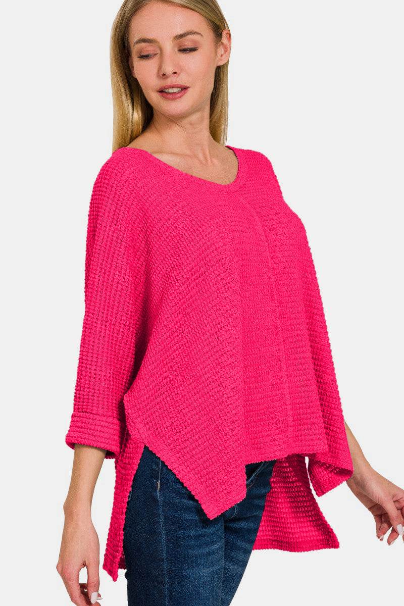 Zenana V-Neck High-Low Jacquard Knit Top - DaTrendStore.Com