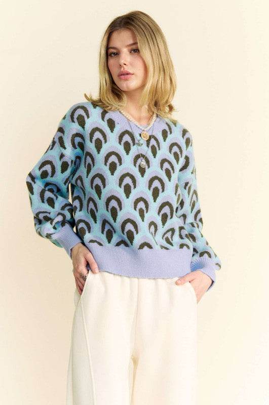 Davi & Dani Scale Jacquard Round Neck Drop Shoulder Sweater - DaTrendStore.Com