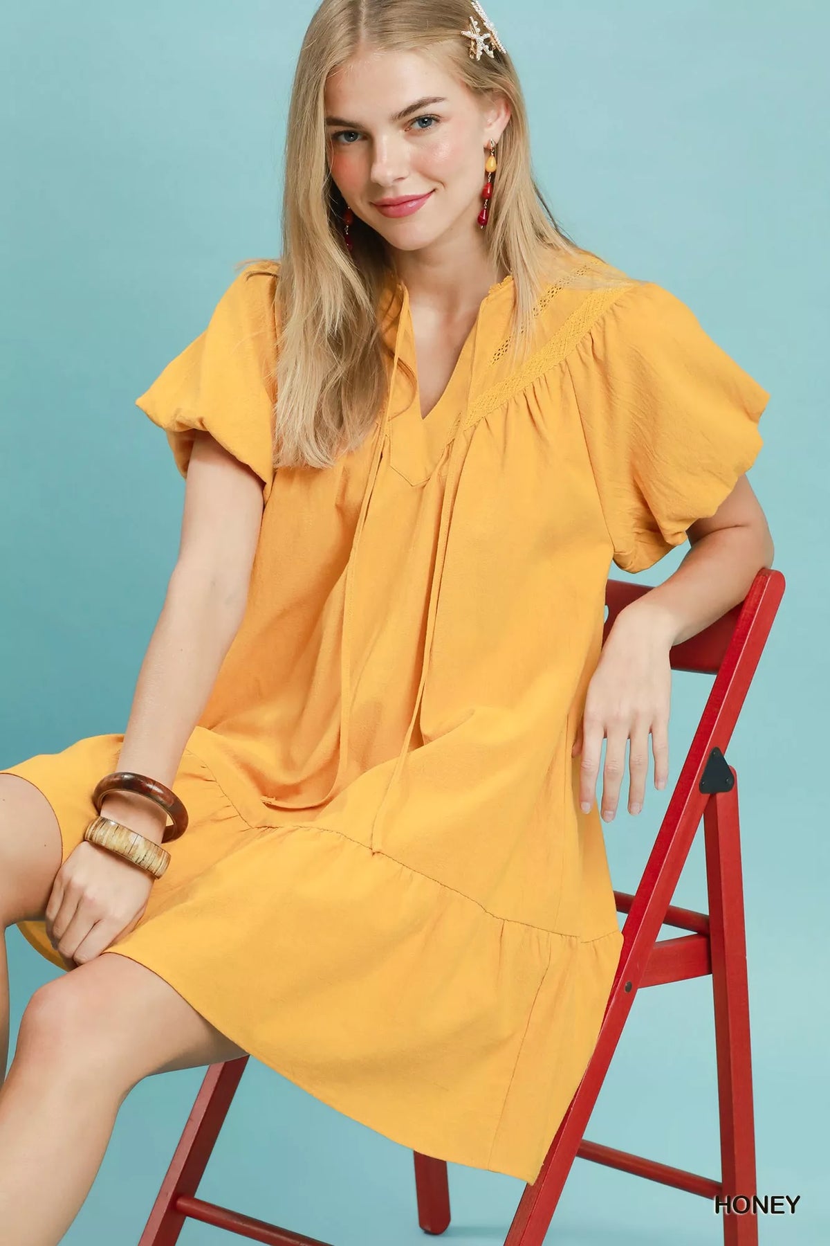 Umgee Flutter Sleeve Tassel Tie Ruffle Hem Mini Dress - Honey