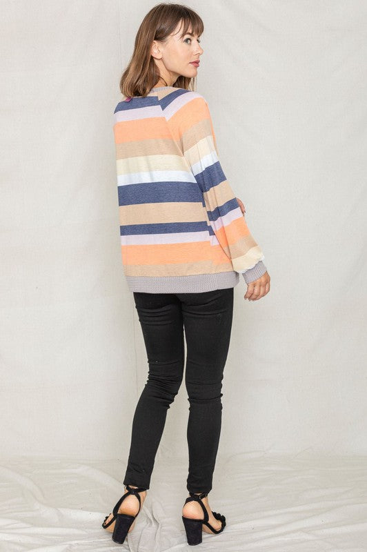 Multi Color Stripe Waffle Trim Open Cardigan