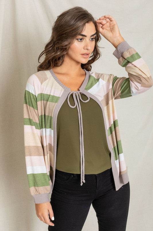 Multi Color Stripe Waffle Trim Open Cardigan - DaTrendStore.Com