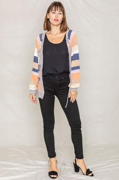 Multi Color Stripe Waffle Trim Open Cardigan