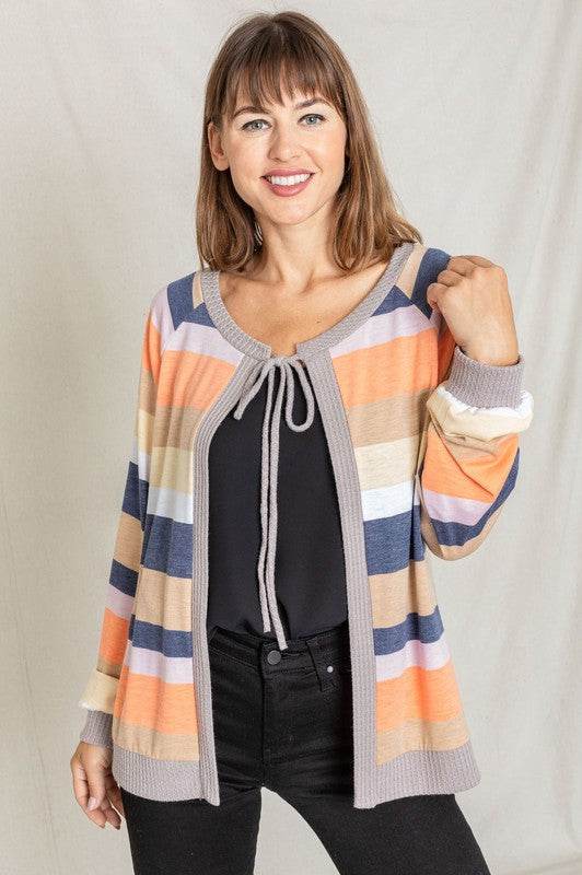 Multi Color Stripe Waffle Trim Open Cardigan - DaTrendStore.Com