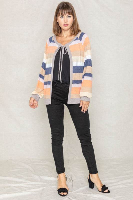 Multi Color Stripe Waffle Trim Open Cardigan - DaTrendStore.Com