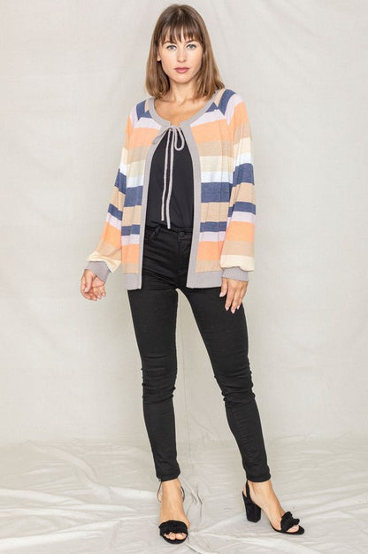 Multi Color Stripe Waffle Trim Open Cardigan