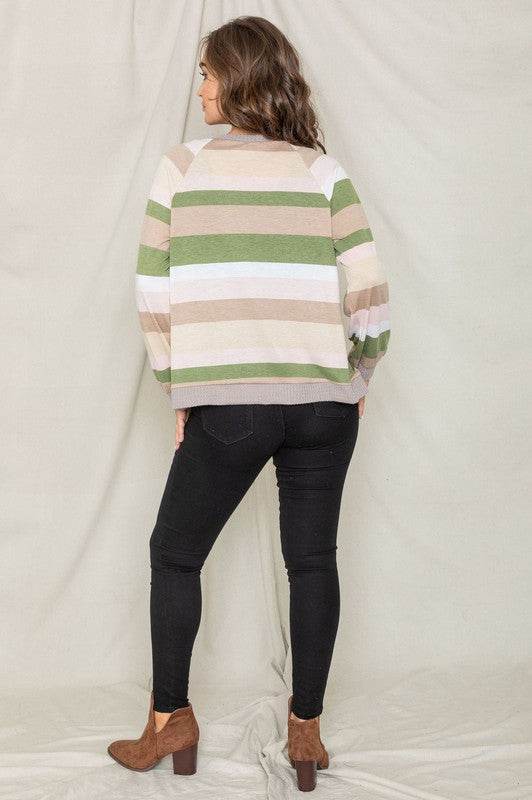 Multi Color Stripe Waffle Trim Open Cardigan - DaTrendStore.Com