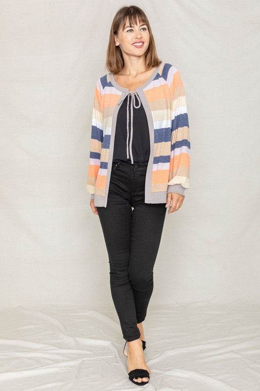 Multi Color Stripe Waffle Trim Open Cardigan - DaTrendStore.Com