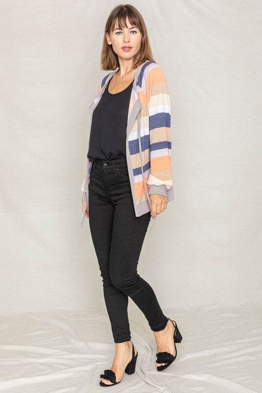 Multi Color Stripe Waffle Trim Open Cardigan - DaTrendStore.Com