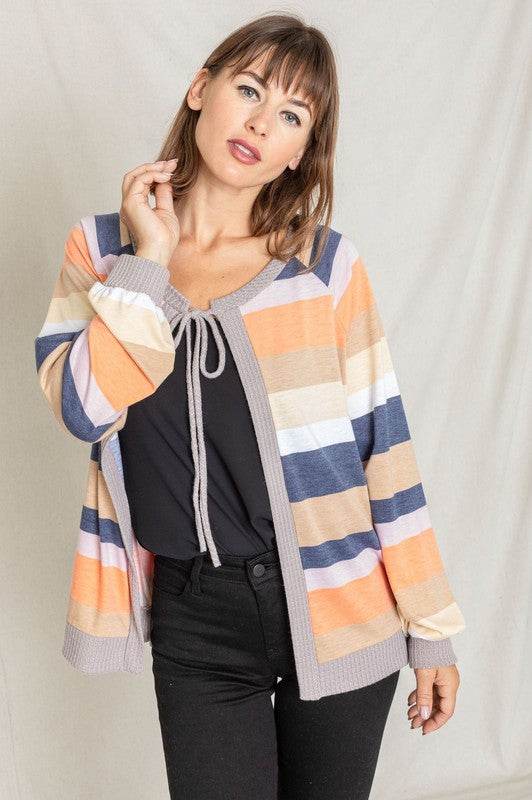 Multi Color Stripe Waffle Trim Open Cardigan - DaTrendStore.Com