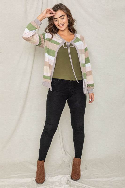 Multi Color Stripe Waffle Trim Open Cardigan - DaTrendStore.Com