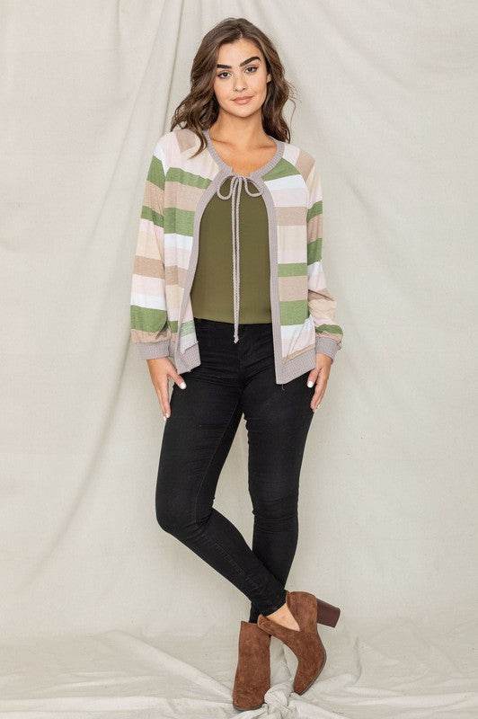 Multi Color Stripe Waffle Trim Open Cardigan - DaTrendStore.Com