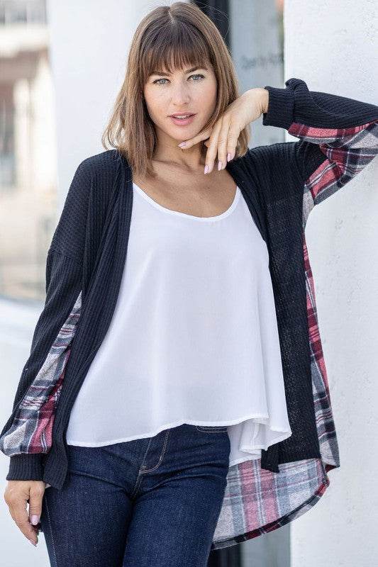 Plaid Back Waffle Knit Cardigan - DaTrendStore.Com