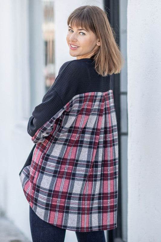 Plaid Back Waffle Knit Cardigan - DaTrendStore.Com