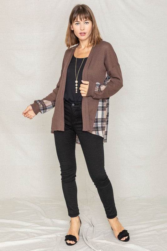 Plaid Back Waffle Knit Cardigan - DaTrendStore.Com