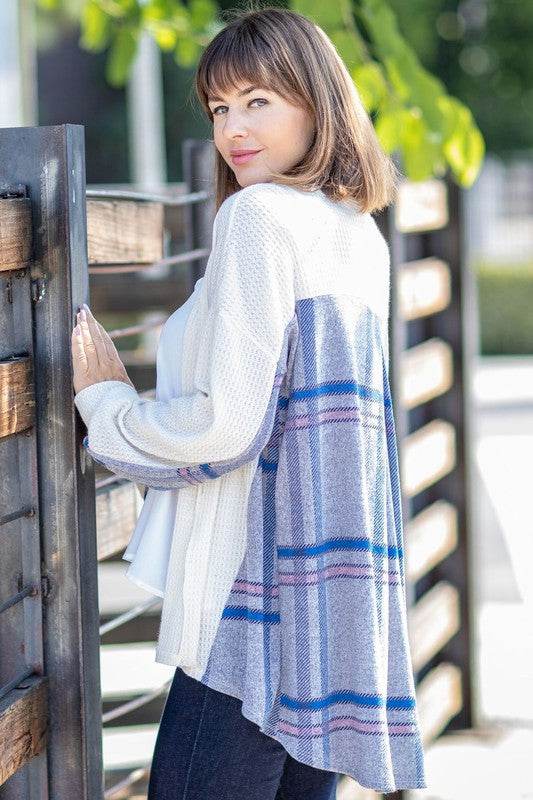 Plaid Back Waffle Knit Cardigan - DaTrendStore.Com