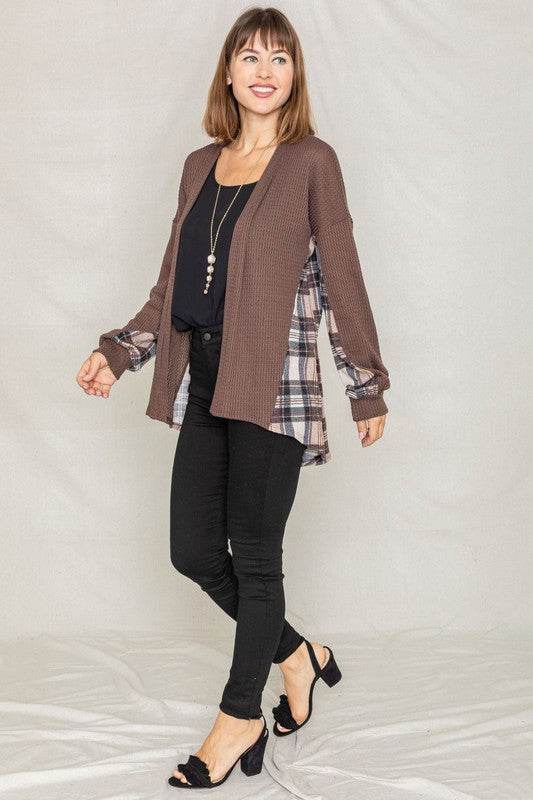 Plaid Back Waffle Knit Cardigan - DaTrendStore.Com