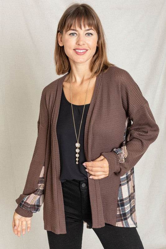 Plaid Back Waffle Knit Cardigan - DaTrendStore.Com