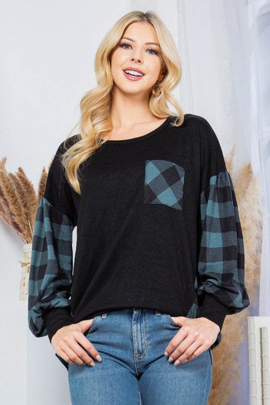 Plaid Contrast Bell Sleeve Sweater Knit - DaTrendStore.Com