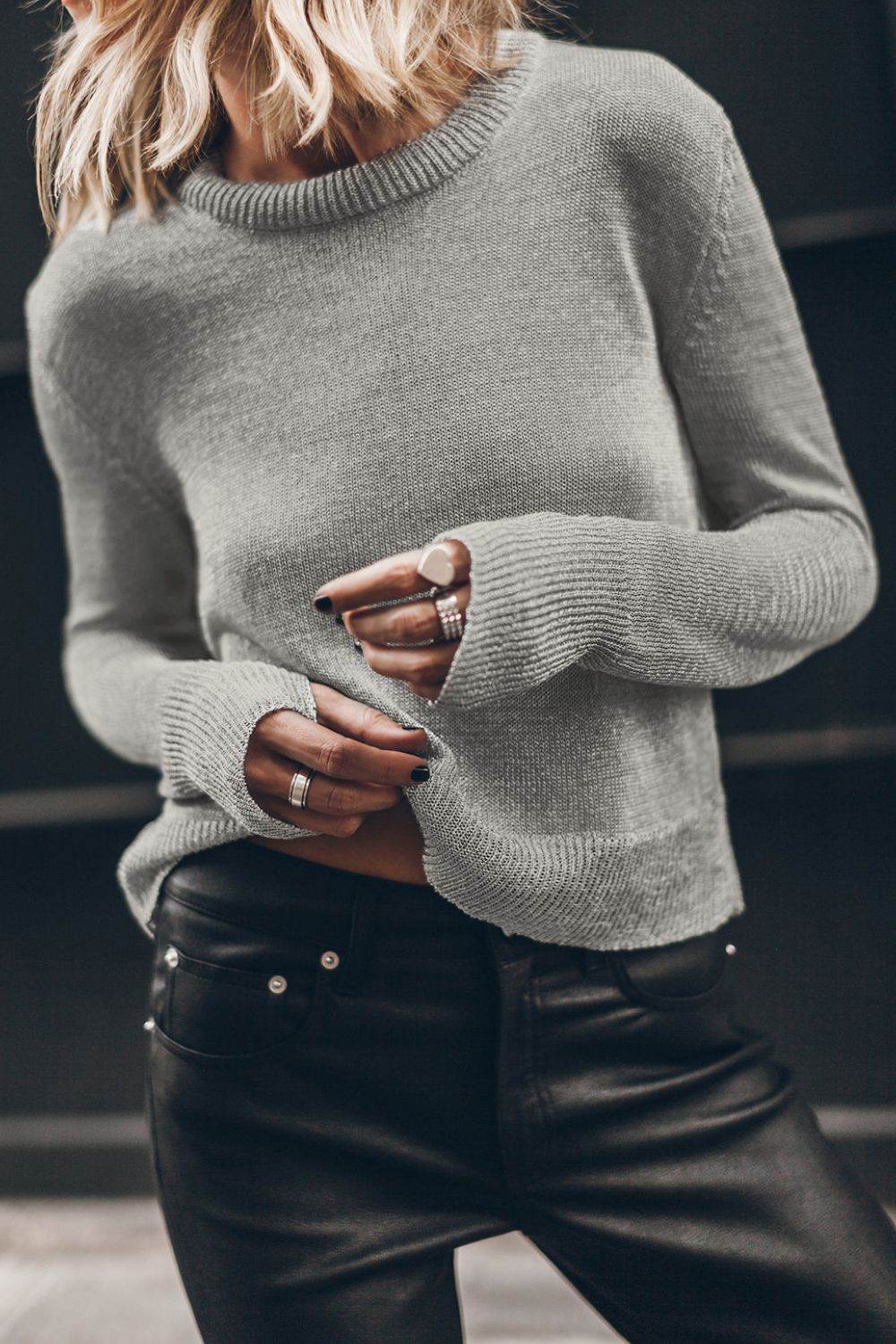 Ribbed Hem Round Neck Long Sleeve Sweater - DaTrendStore.Com