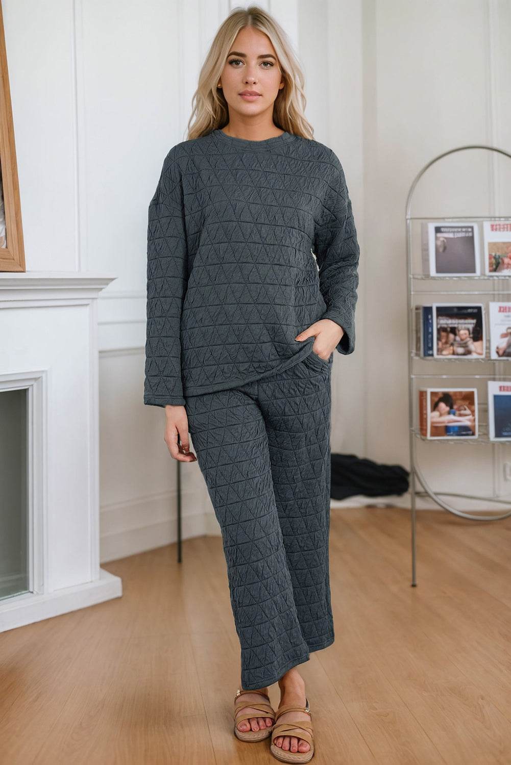 Round Neck Top and Pocketed Pants Lounge Set - DaTrendStore.Com