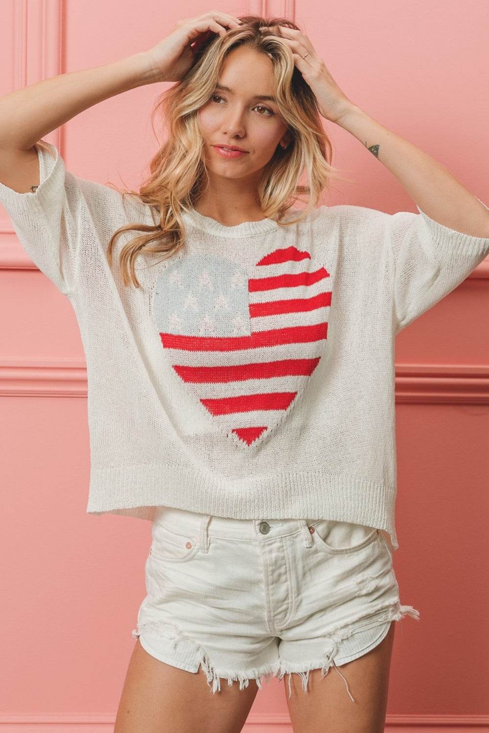 BiBi Striped Heart Contrast Knit Top - DaTrendStore.Com