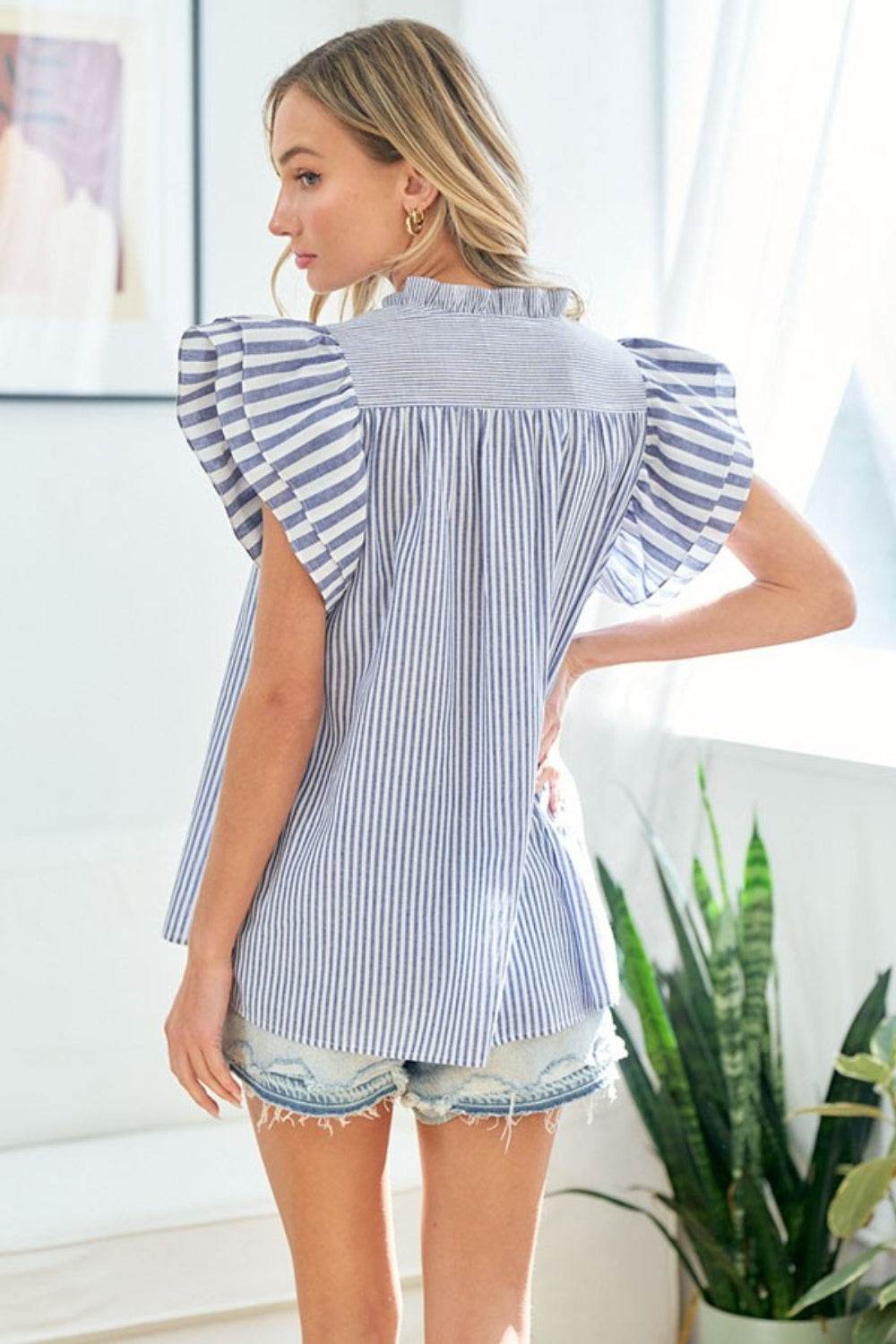 First Love Full Size Striped Flutter Sleeve Blouse - DaTrendStore.Com