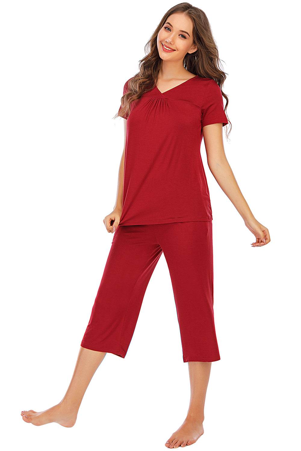 V-Neck Short Sleeve Top and Pants Lounge Set - DaTrendStore.Com