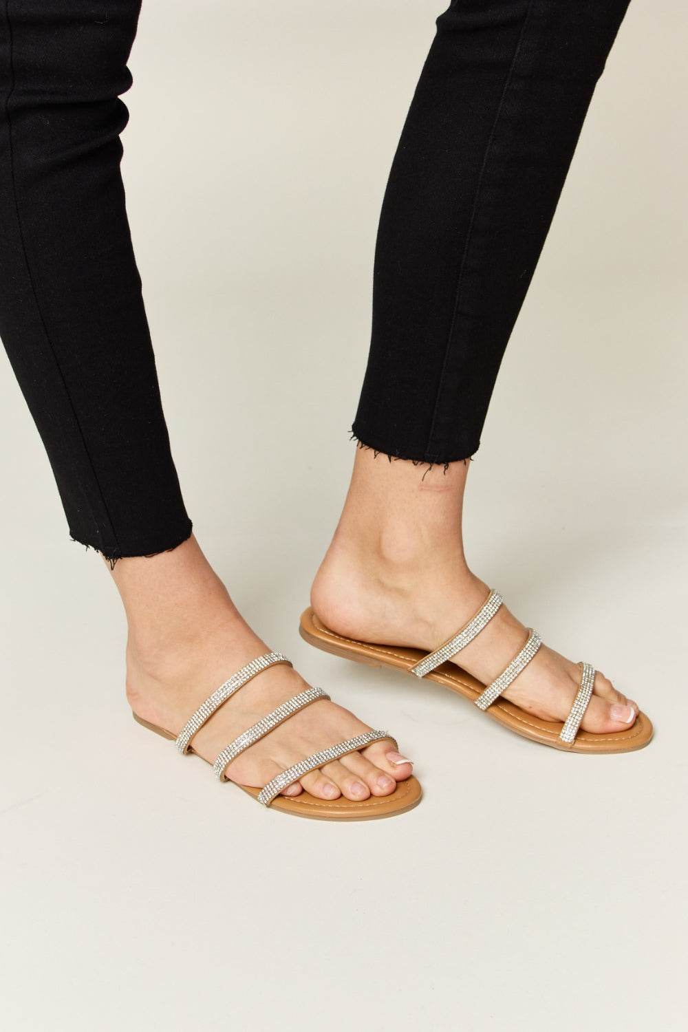 WILD DIVA Rhinestone Three-Strap Flat Sandals - DaTrendStore.Com