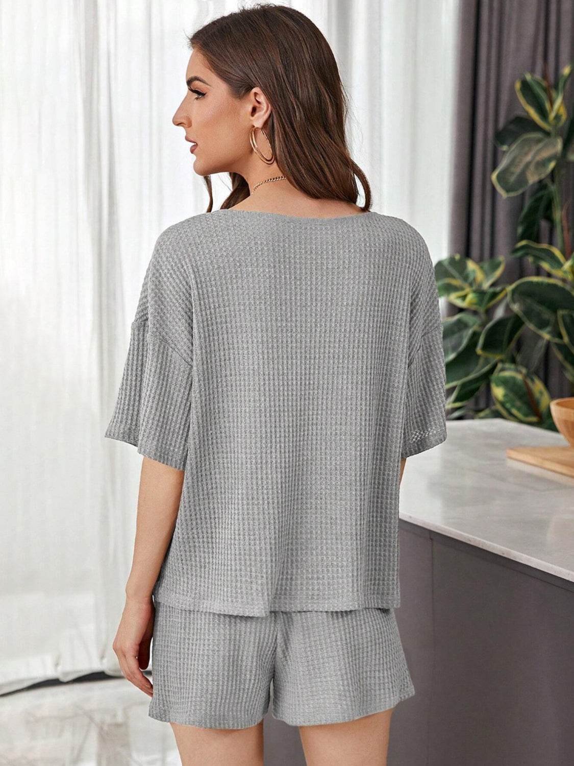 Full Size Waffle-Knit Dropped Shoulder Top and Shorts Set - DaTrendStore.Com