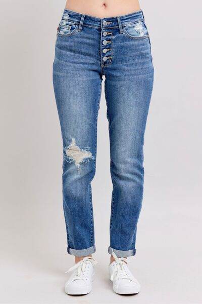 Judy Blue Full Size Button Fly Distressed Jeans with Pockets Plus Size - DaTrendStore.Com