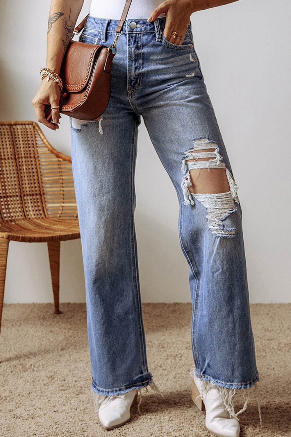 Distressed Straight Leg Jeans with Pockets - DaTrendStore.Com
